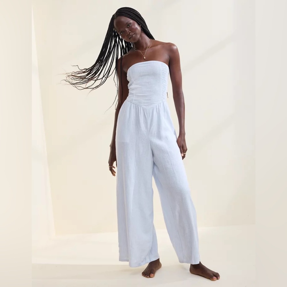 Aerie Light Blue Strapless Smocked Jumpsuit Monaco Blue Size L